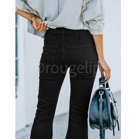 Black Flare Leg Distressed Jeans Zipper High Waist Stretchy - Picture 5 of 6